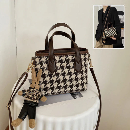 Stylish houndstooth shoulder bags in various colors, including black, coffee, and brown, with and without pendants, featuring a portable and versatile design for everyday use.