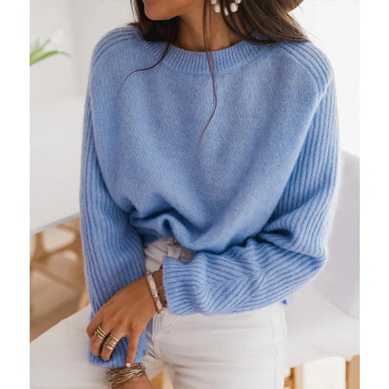 European Milk Blue Bedford Cord Sweater with round collar and long sleeves