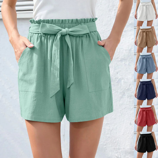 Stylish high waist women's shorts with ruffle bow tie detail and pockets for summer