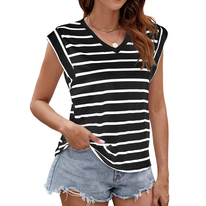 Women's summer V-neck short-sleeved T-shirt in stripe print