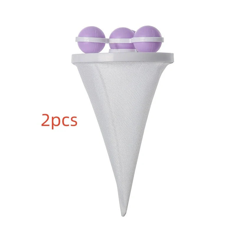 Gyroscopic Washing Machine Filter Pouch in purple, blue, and pink for lint and hair removal
