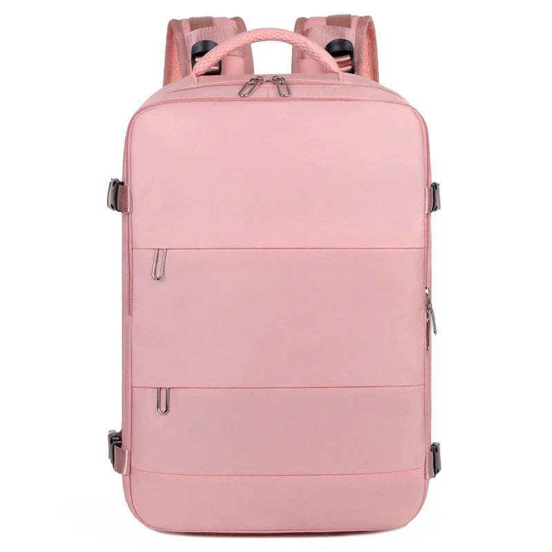 Spacious women's travel backpack with dry and wet compartments, waterproof construction, and comfortable air-cushioned harness