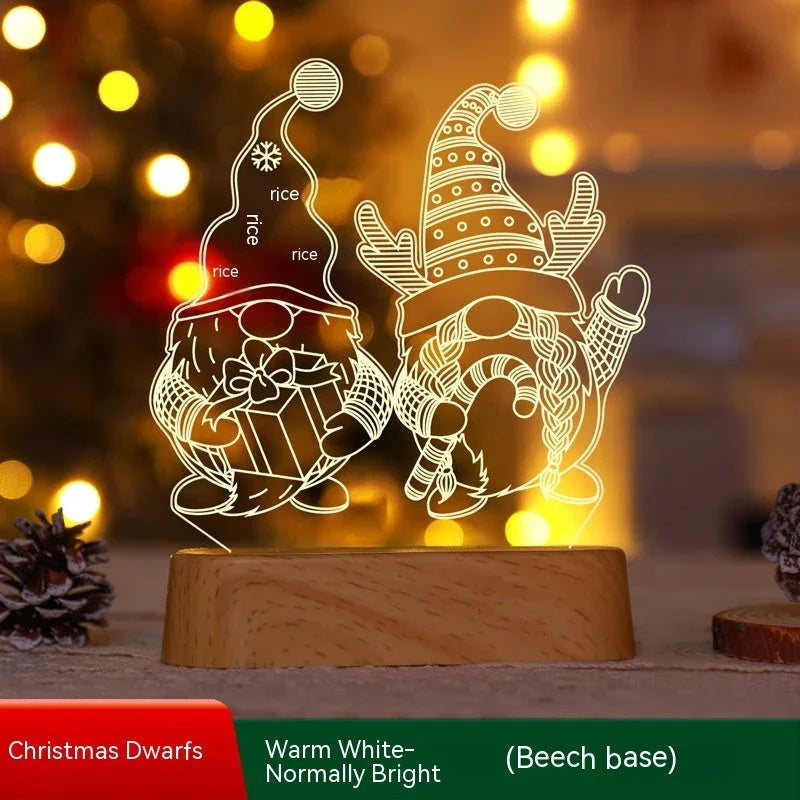 3D acrylic Christmas lights with various holiday-themed designs, including Christmas trees, elks, and Christmas dwarfs, providing warm, ambient lighting.