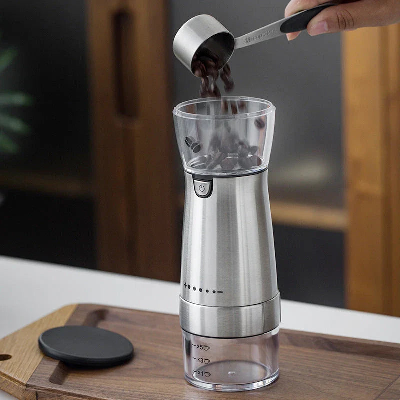 Premium stainless steel electric coffee grinder with adjustable grind settings, USB charging, and sleek modern design