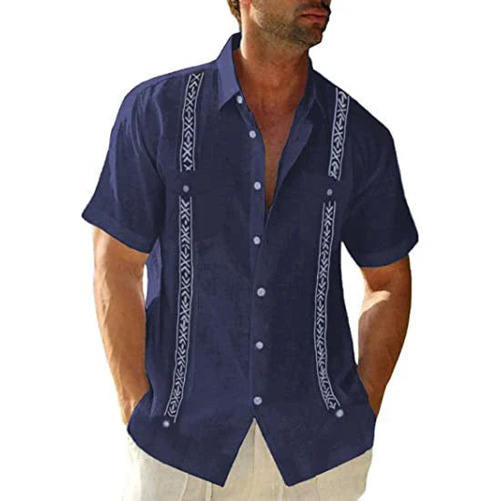 Men's casual guayabera Cuban-style short-sleeve shirt in various colors and sizes
