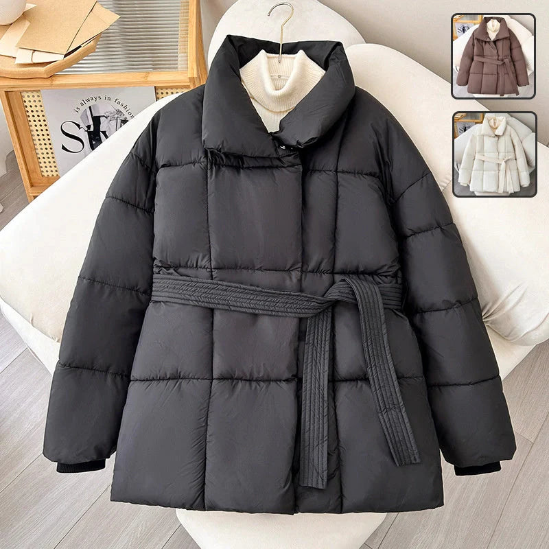 Winter plaid sewing lapel coat with lace-up design for women in black, white, and coffee