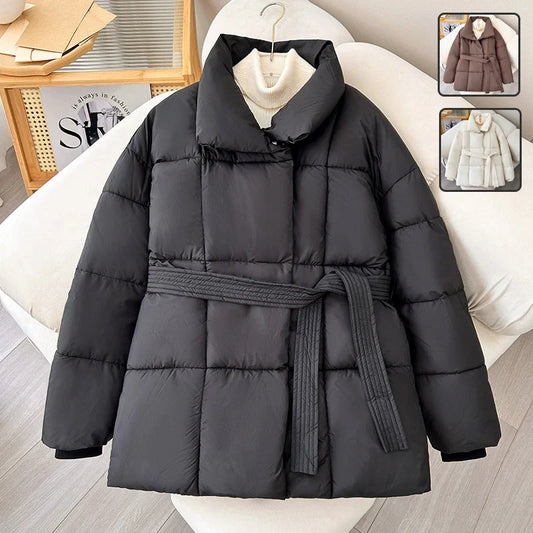 Winter plaid sewing lapel coat with lace-up design for women in black, white, and coffee