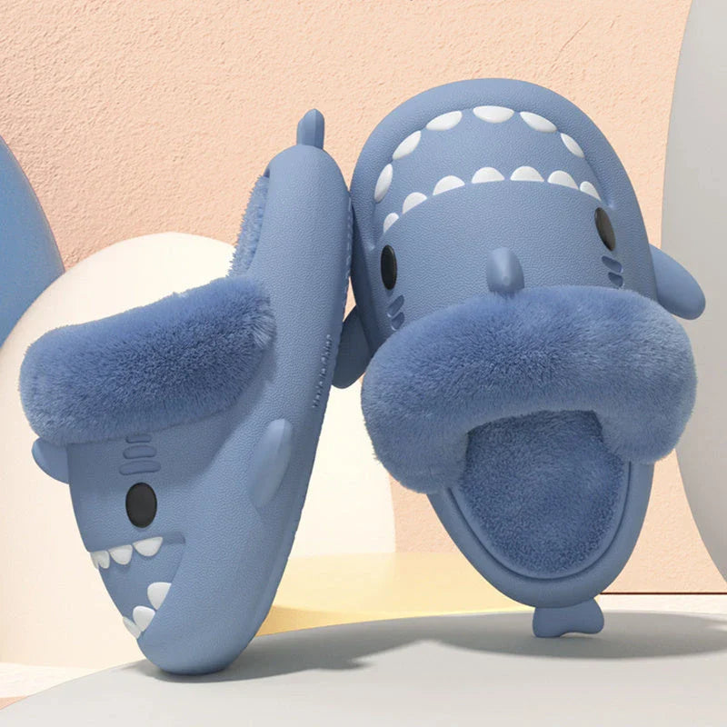Cozy Shark Slippers with plush, fuzzy interior and thick, non-slip sole for comfortable, warm house shoes