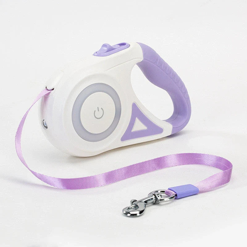 Retractable dog leash with automatic brake system in dream purple, sunshine orange, and mint green