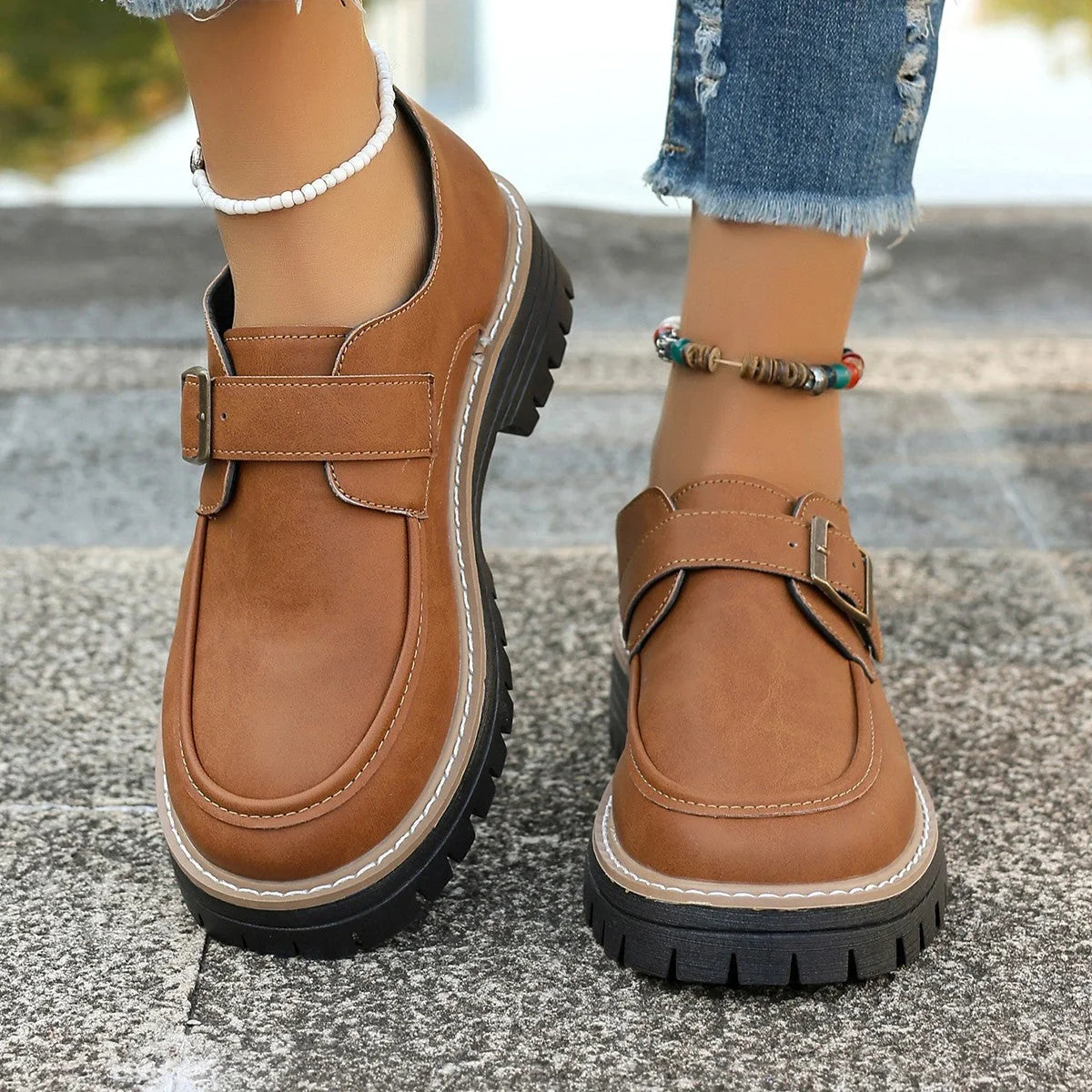 British style buckle loafers for women with thick soles in black and brown