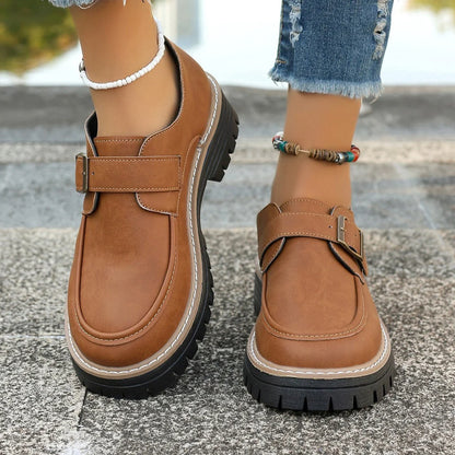 British style buckle loafers for women with thick soles in black and brown