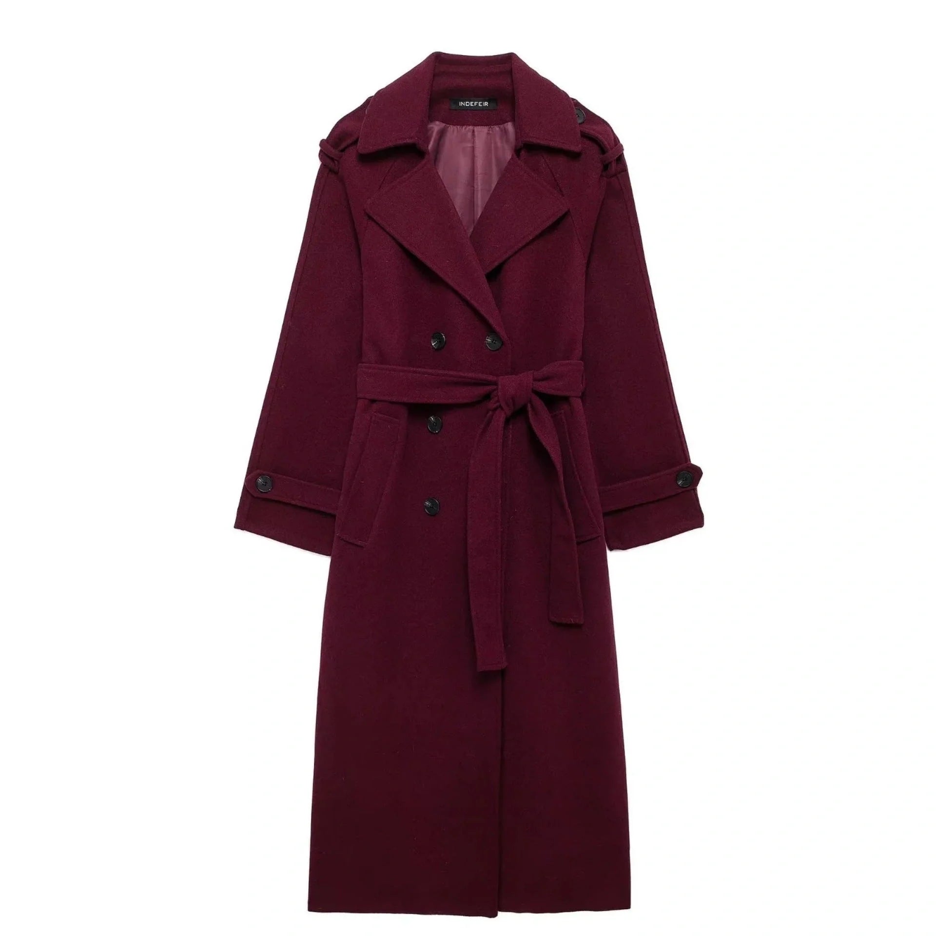 Women's wine red double-breasted woolen trench coat with belt, perfect for winter