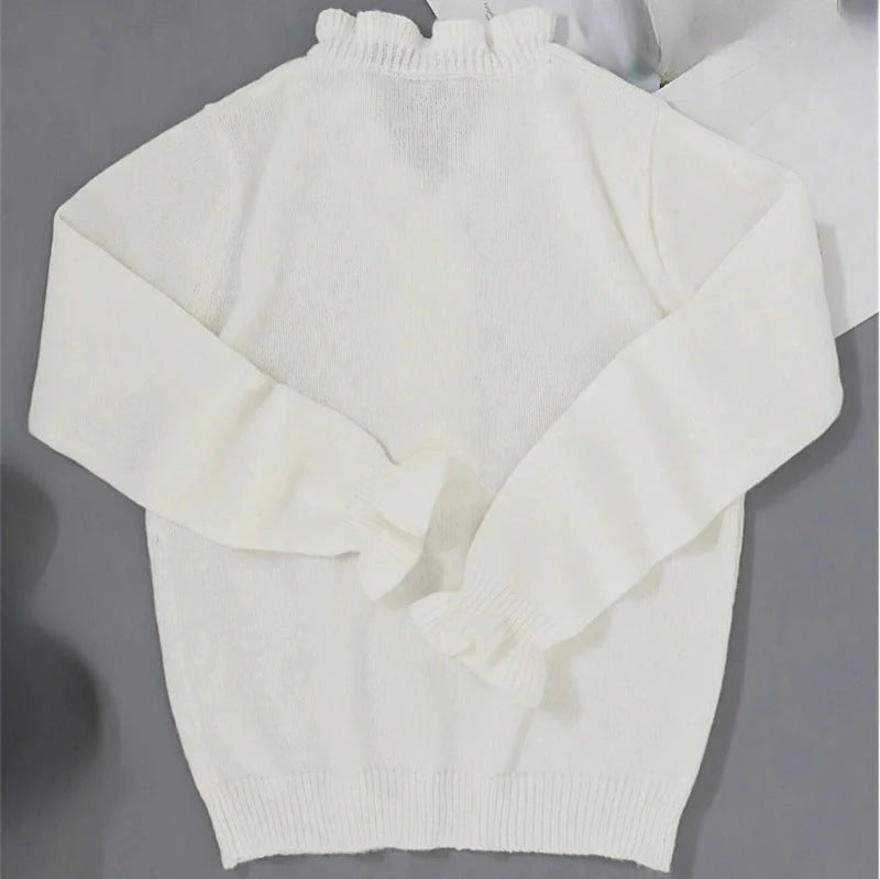 Stylish V-Neck Ruffled Knit Jumper in Black and White Colours for Women