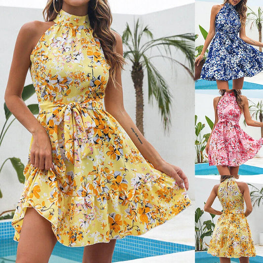 Stylish floral halter dress with ruffles and lace-up back, perfect for summer fashion