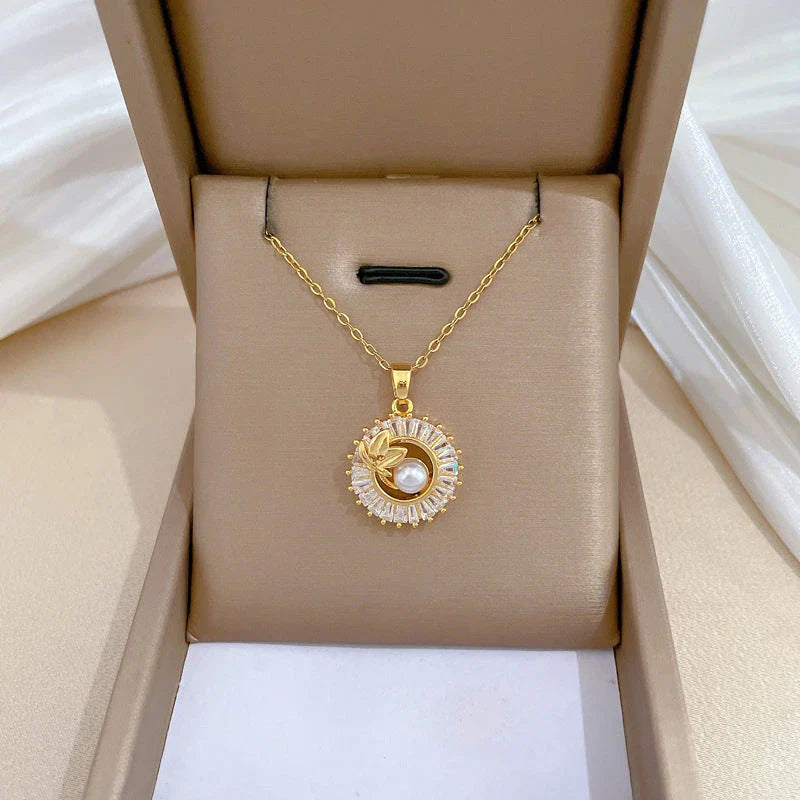 Personalized jewelry set with square pendant, round ring, and leaf-shaped earrings in titanium steel with diamond accents