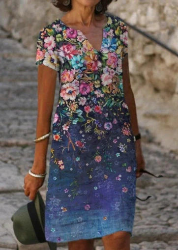 Cotton blend printed dress for women in navy blue, blue, and green, perfect for spring commuting