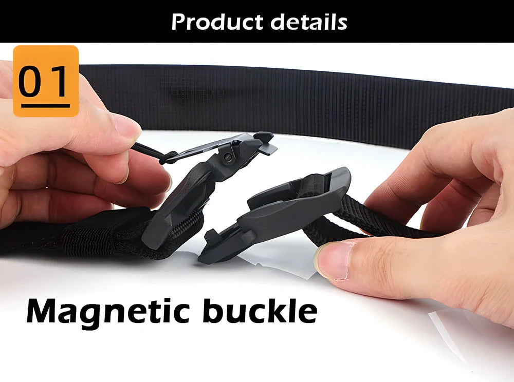 Rugged, heavy-duty magnetic belt with a stainless steel buckle that snaps together effortlessly