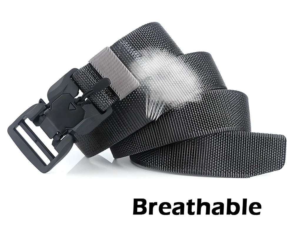 Rugged, heavy-duty magnetic belt with a stainless steel buckle that snaps together effortlessly