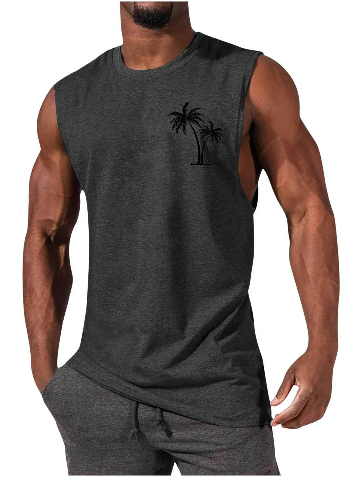 Tropical coconut tree print workout tank top for men, made with breathable, moisture-wicking fabrics for an active lifestyle.