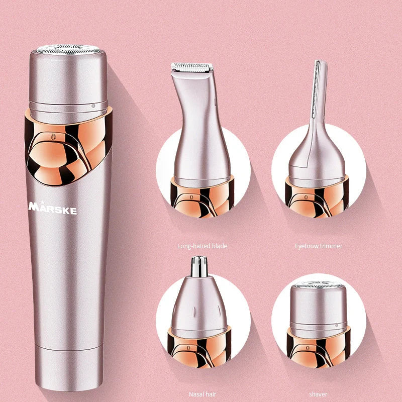 Four-in-one electric shaver for armpit, leg, eyebrow, and nose hair removal in light fuchsia