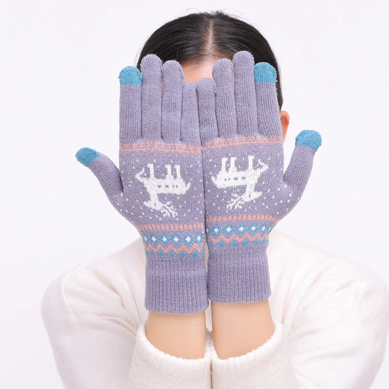 Women's deer and snowflake knitted winter gloves with touch screen functionality