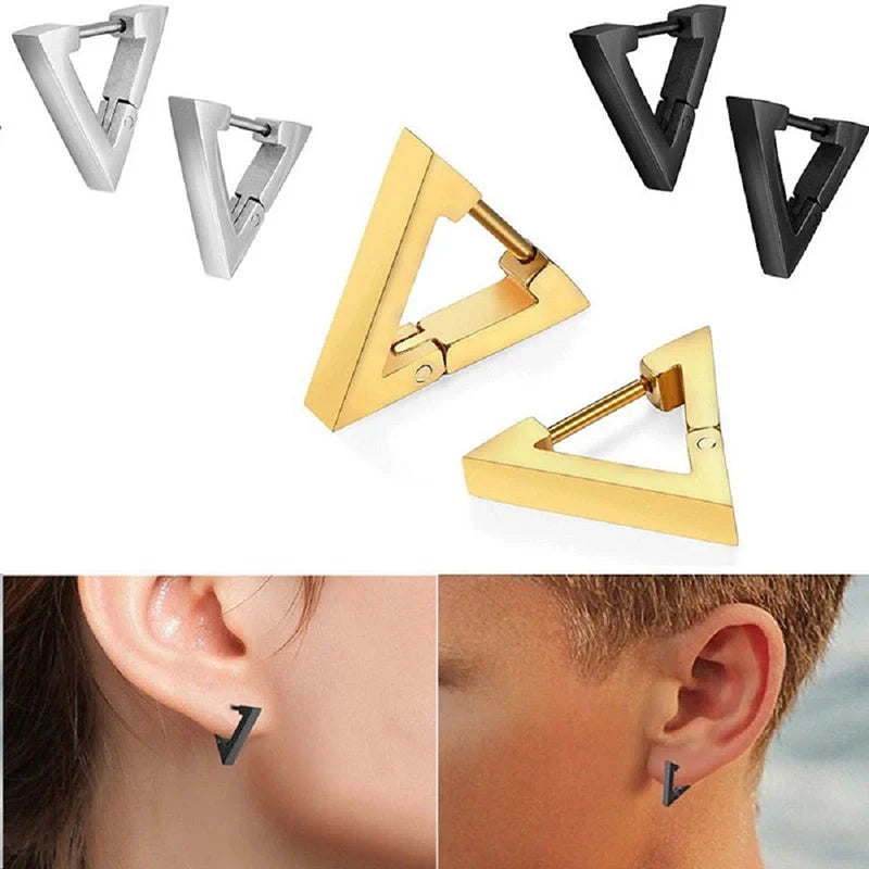 Stainless steel triangular hoop earrings in white, black, and gold options