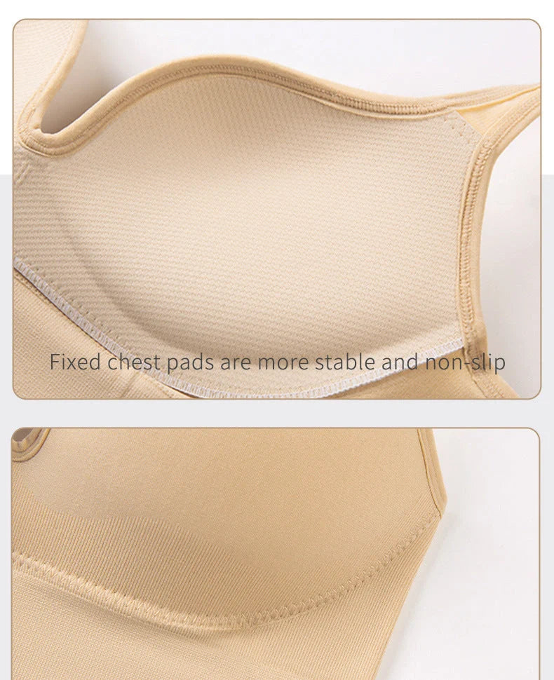 Back Button Up Bra with wide white straps in white, black, and apricot