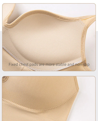 Back Button Up Bra with wide white straps in white, black, and apricot