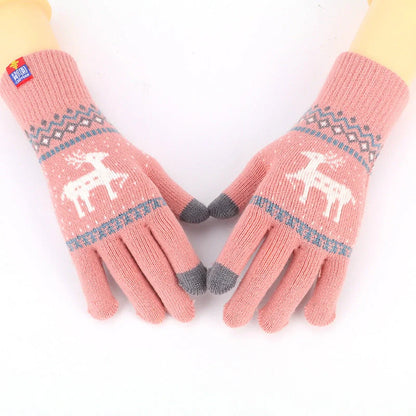Women's deer and snowflake knitted winter gloves with touch screen functionality