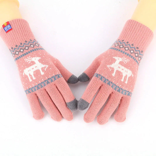 Women's deer and snowflake knitted winter gloves with touch screen functionality