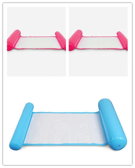 Inflatable water lounge chair in blue, floating in pool with hammock-style design