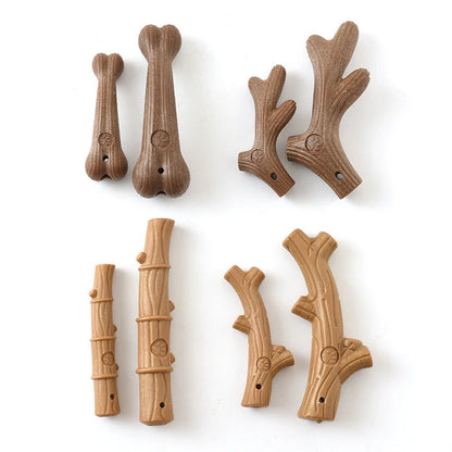 Small breed dog chew toy with dental cleaning features in antler design