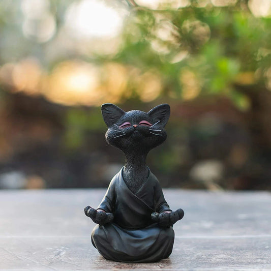 Captivating Black Buddha Cat Figurine crafted from premium resin, perfect for meditation spaces, yoga studios, and home decor