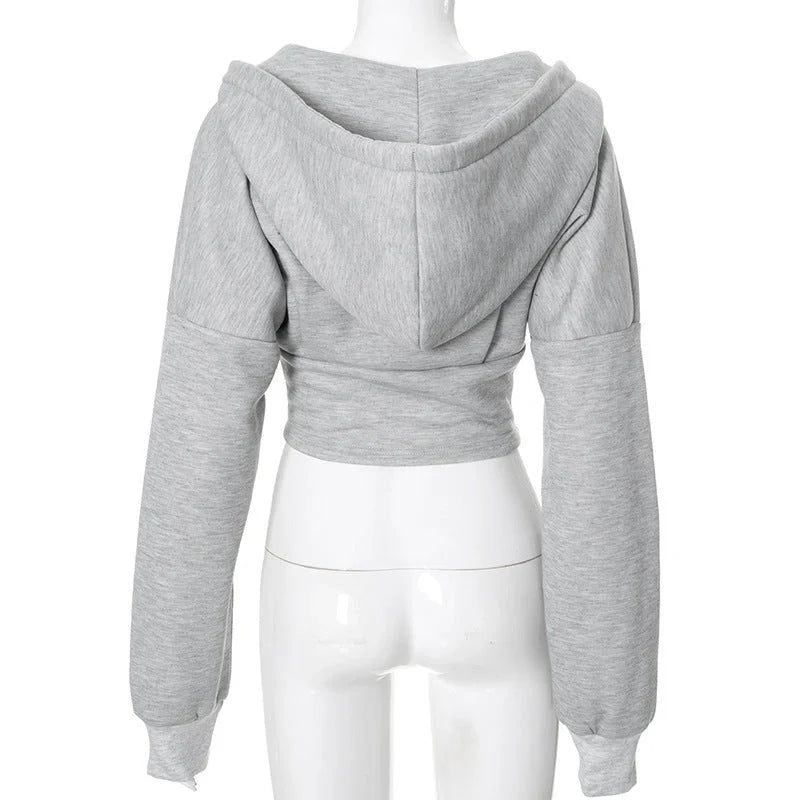 Slim-fit zipper hoodie cardigan for women in grey and white
