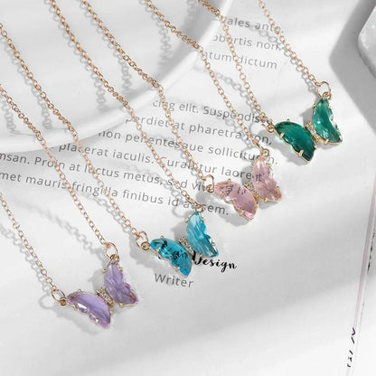 Girl Fantasy Glass Crystal Butterfly Necklace in blue, purple, light blue, and pink