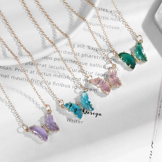 Girl Fantasy Glass Crystal Butterfly Necklace in blue, purple, light blue, and pink