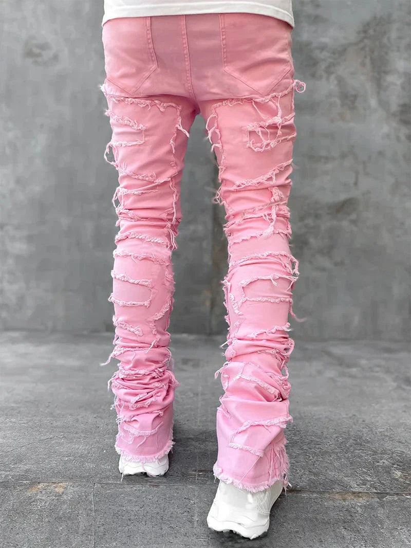 Stylish patched jeans with tight fit and stacked leg design in a variety of fashionable colors