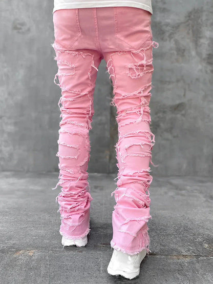 Stylish patched jeans with tight fit and stacked leg design in a variety of fashionable colors