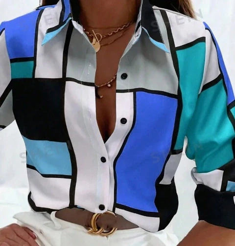 A colourblock printed casual blouse with long sleeves, perfect for everyday wear
