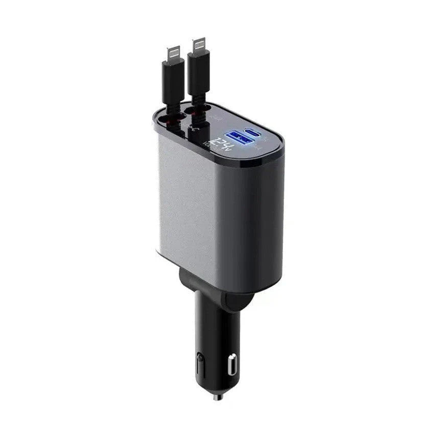 Ultra-Fast 100W Car Charger with Retractable Cable and Adjustable Connector for Rapid Smartphone, Tablet, and Laptop Charging
