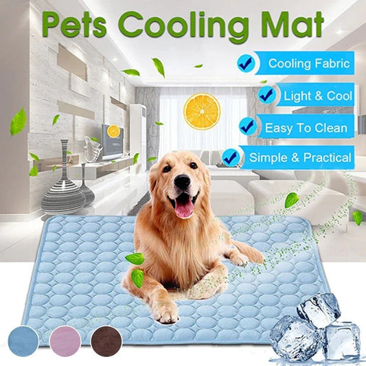 A cooling mat for pets in various sizes and colors, designed to provide refreshing comfort and temperature regulation.
