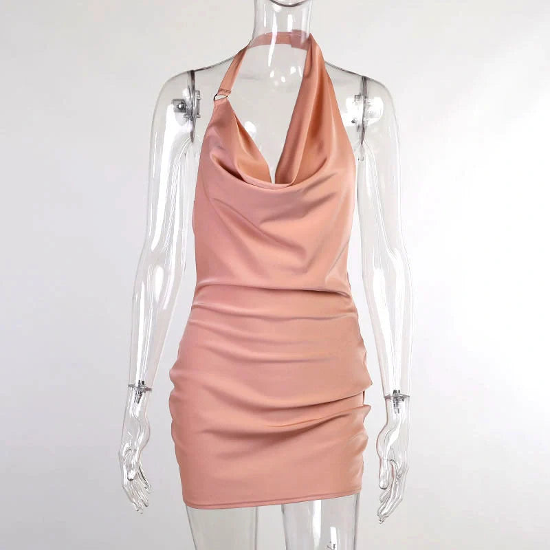Adjustable satin party dress with V-neck and backless design in white, pink, and black
