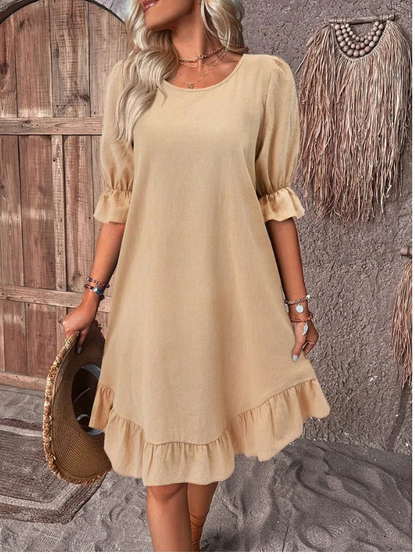 Stylish cotton linen ruffle dress for summer in various colors