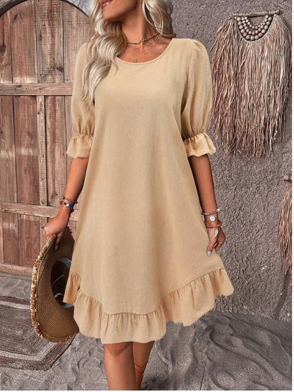 Stylish cotton linen ruffle dress for summer in various colors