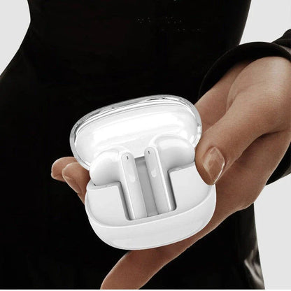 Wireless Bluetooth earbuds with transparent design, offering 9D surround sound, ergonomic fit, and convenient connectivity