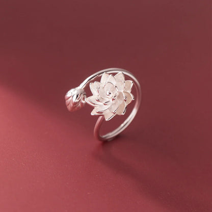 Elegant silver lotus flower adjustable opening ring with intricate design, perfect for everyday wear or special occasions
