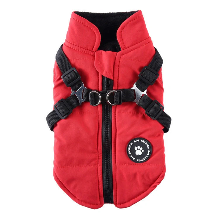 Chest Strap Jacket Cotton-padded Coat for pets in black, blue, green, and red