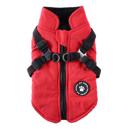 Chest Strap Jacket Cotton-padded Coat for pets in black, blue, green, and red