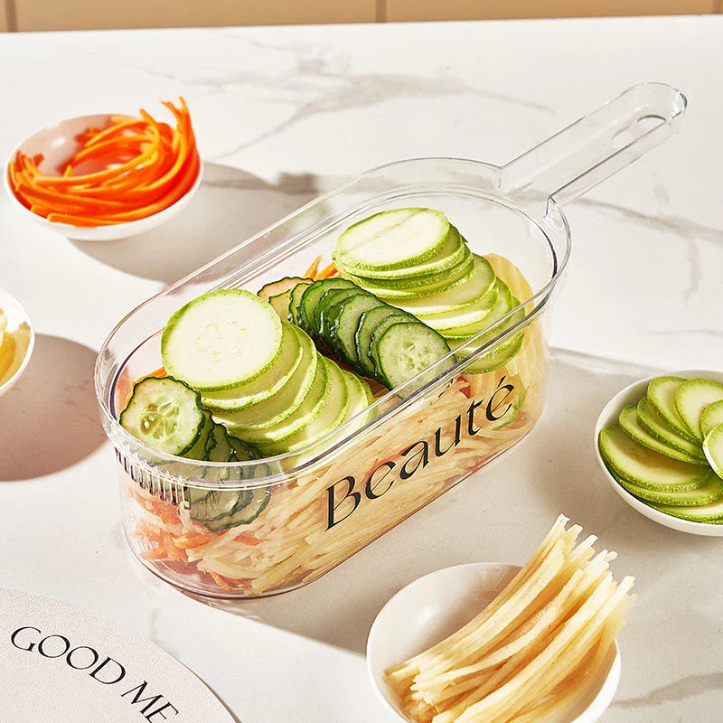 Versatile vegetable chopper with various blades, basket, and cleaning brush - efficient tool for slicing, dicing, shredding, and more