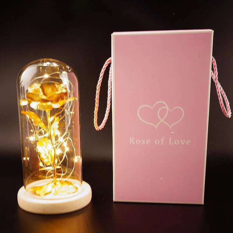 Enchanted Forever Rose in Glass LED Light decoration with realistic rose and wooden base